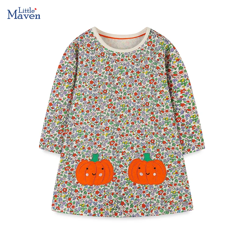 

Новинка 2023, одежда для девочек Little maven, детская одежда с длинными рукавами, хлопковая одежда на осень и весну, хлопковое платье с изображением тыквы из мультфильма