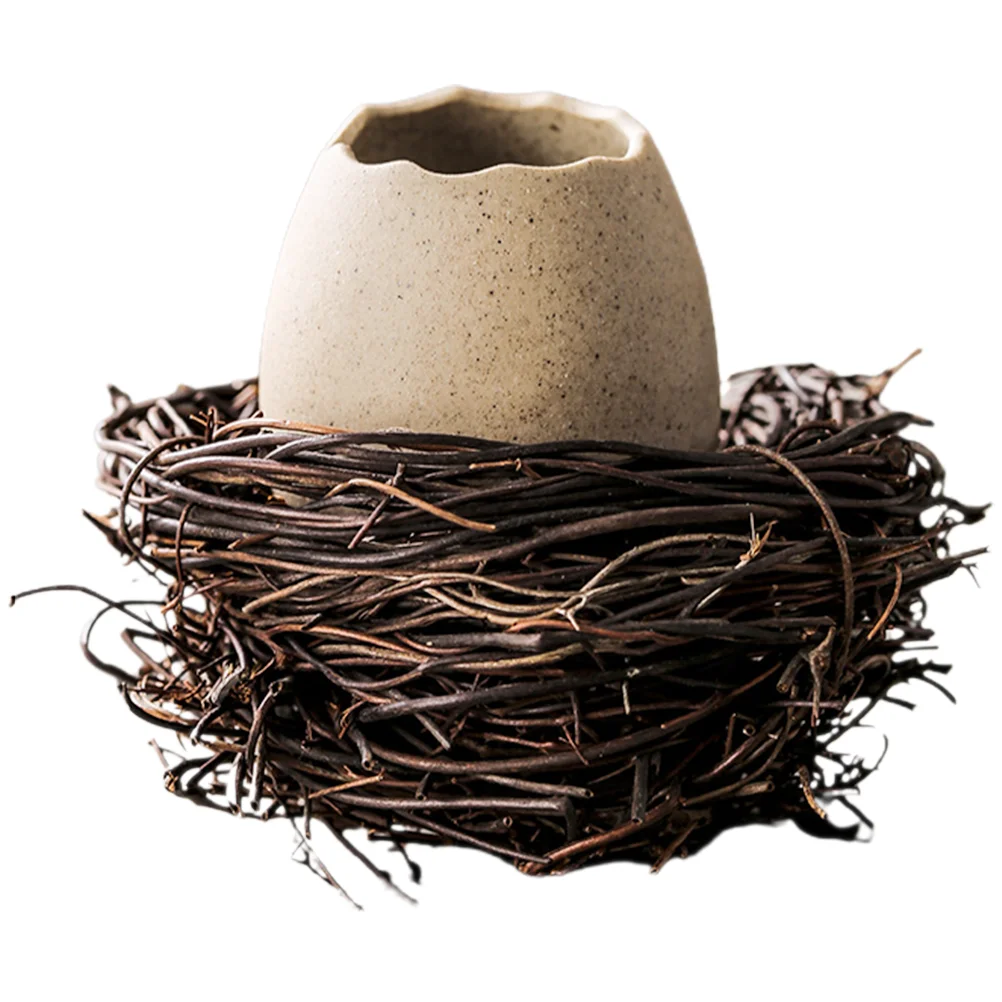 

1 Set Artificial Plants Succulent Pots Ceramic Eggshell Shaped Planter with Bird Nest