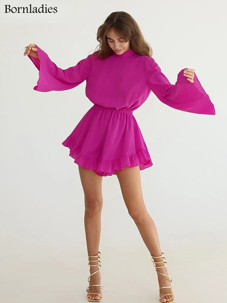 

Bornladies Backless Shorts Romper Women Flare Sleeves Elegant Shorts Jumpsuit Female Rompers Office Work Summer 2022 One-Piece