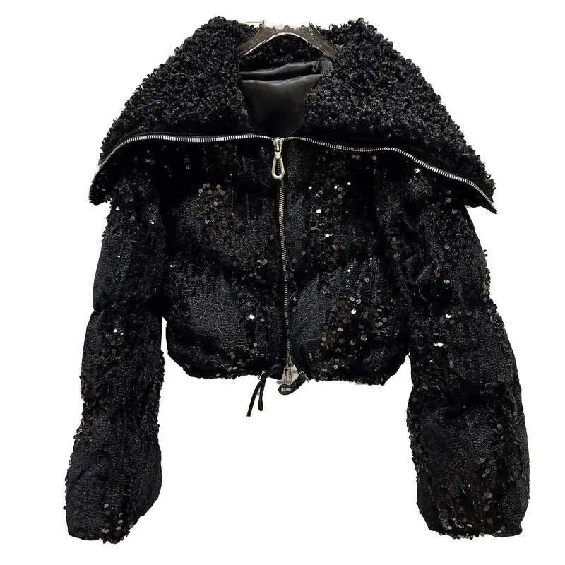 Short Sequined Parka Women 2022 Winter New Big Faux Fur Sailor Collar Full Sequins Velvet Thick Warm Cotton-Padded Jacket
