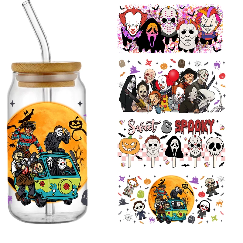 

Wholesale Waterproof Scary Hallowen UV DTF Cup Wraps Transfers Sticker For 16oz Libbey Glass Can Horro Killer Friends Characters