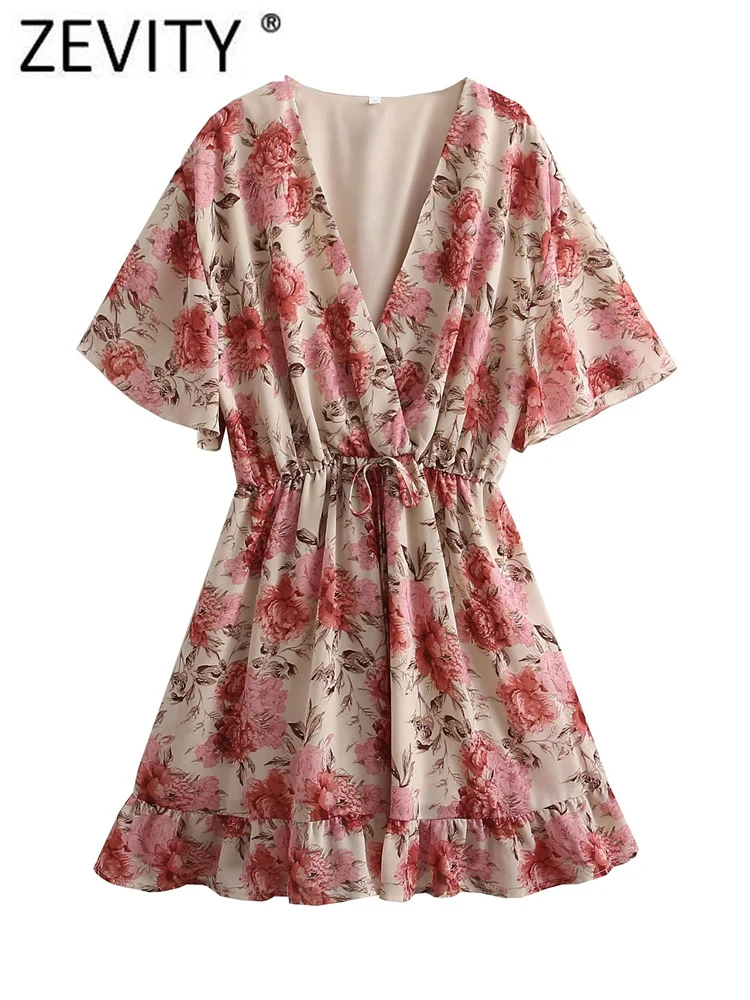 

Zevity Women Fashion Cross V Neck Floral Print Hem Ruffles Mini Dress Female Chic Elastic Waist Chiffon Summer Vestidos DS997