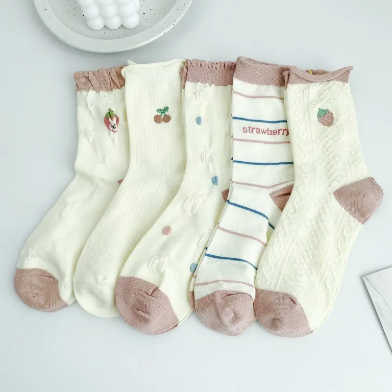 Simple Fashion White Cartoon Cute Lolita Women's Cotton Socks Set 5 Pairs New 2023 Funny Pink Girl Student Cotton Socks Gift