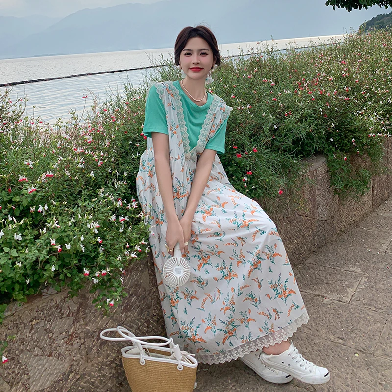 Летняя кружевная юбка-жилет с цветочным принтом средней длины |