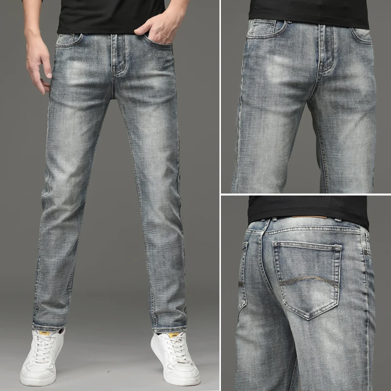 

Новинка 2023, мужские Стрейчевые джинсы, классический стиль, дымчато-серые модные повседневные прямые джинсовые брюки, мужские брендовые ретро-цвета