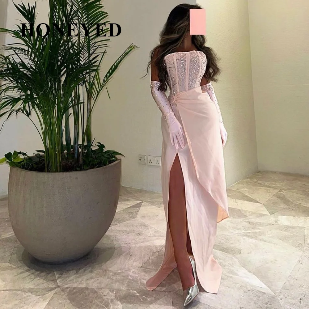 

Honeyed Pink Elegant Evening Dresses Mermaid Strapless Crystal Slit Abendkleider Dubai Vestido De Noche Party Dresses No Gloves