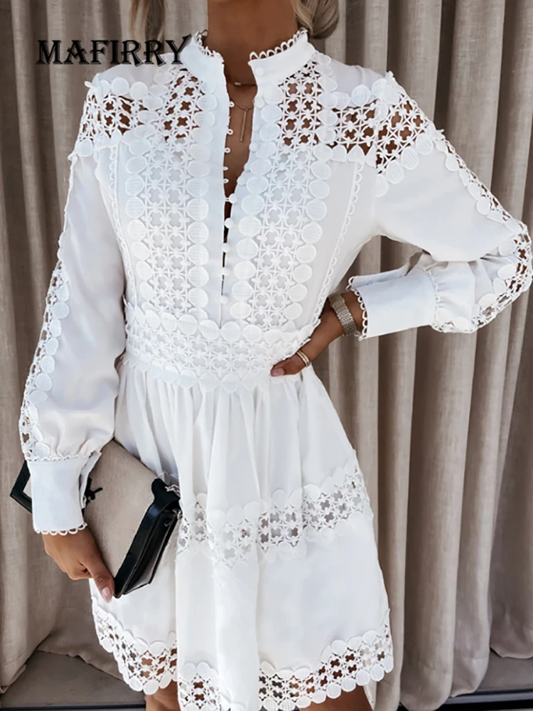 

Women Spring Autumn Casual Solid O-Neck Mini Dress Patchwork Long Sleeve Sweet Ladies Dress Lace Hollow Out Streetwear Vestidos