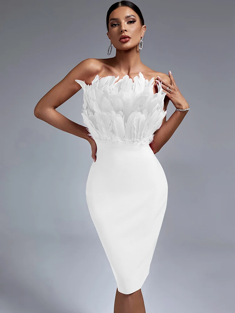 

Женское облегающее платье с перьями, элегантное белое платье средней длины без бретелек, вечернее Клубное платье на день рождения, лето 2023