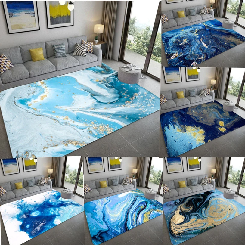 Tappeto in marmo blu astratto 3D per soggiorno tappeto in stile nordico accanto al tavolo rettangolo sedia tappetino assorbimento d'acqua tappetino da bagno