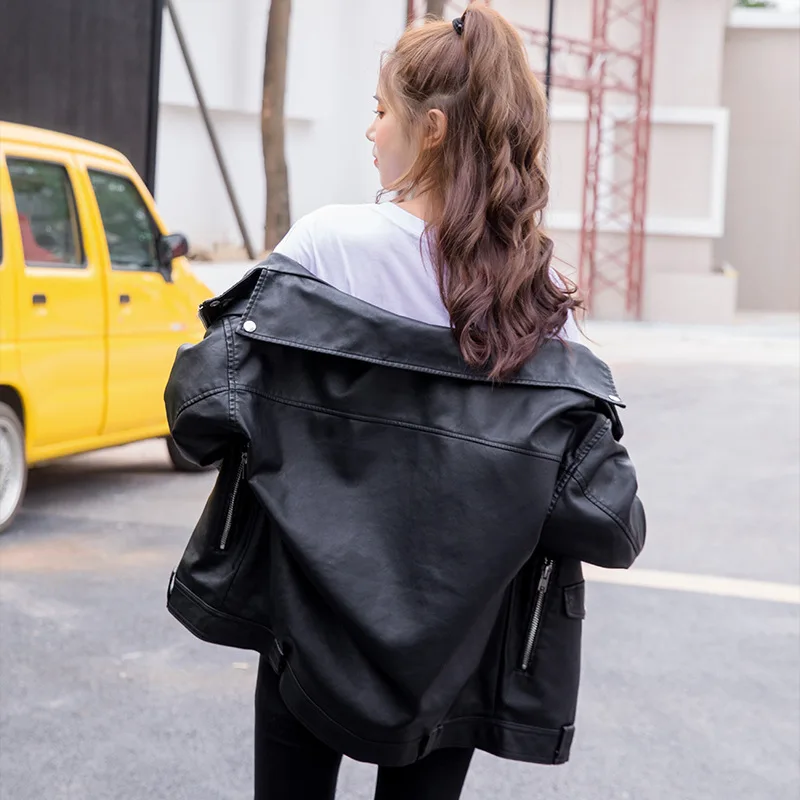 2022 Spring  Autumn Leather Coat Women's Short Korean Fashion Loose Student Bf Motorcycle Leather Jacket  Korean Black Loose Top