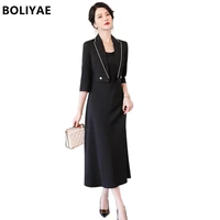 2022 new middle sleeve blazer and slip dress women england style elegant navel exposed short blazer office lady two piece set
