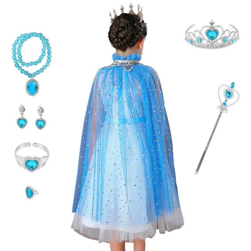 

Girls Cloak Elsa Dress up Princess Accessories Sequin Drawstring Cape Crown Magic Wand Necklace Set Party Cosplay Kids Gifts