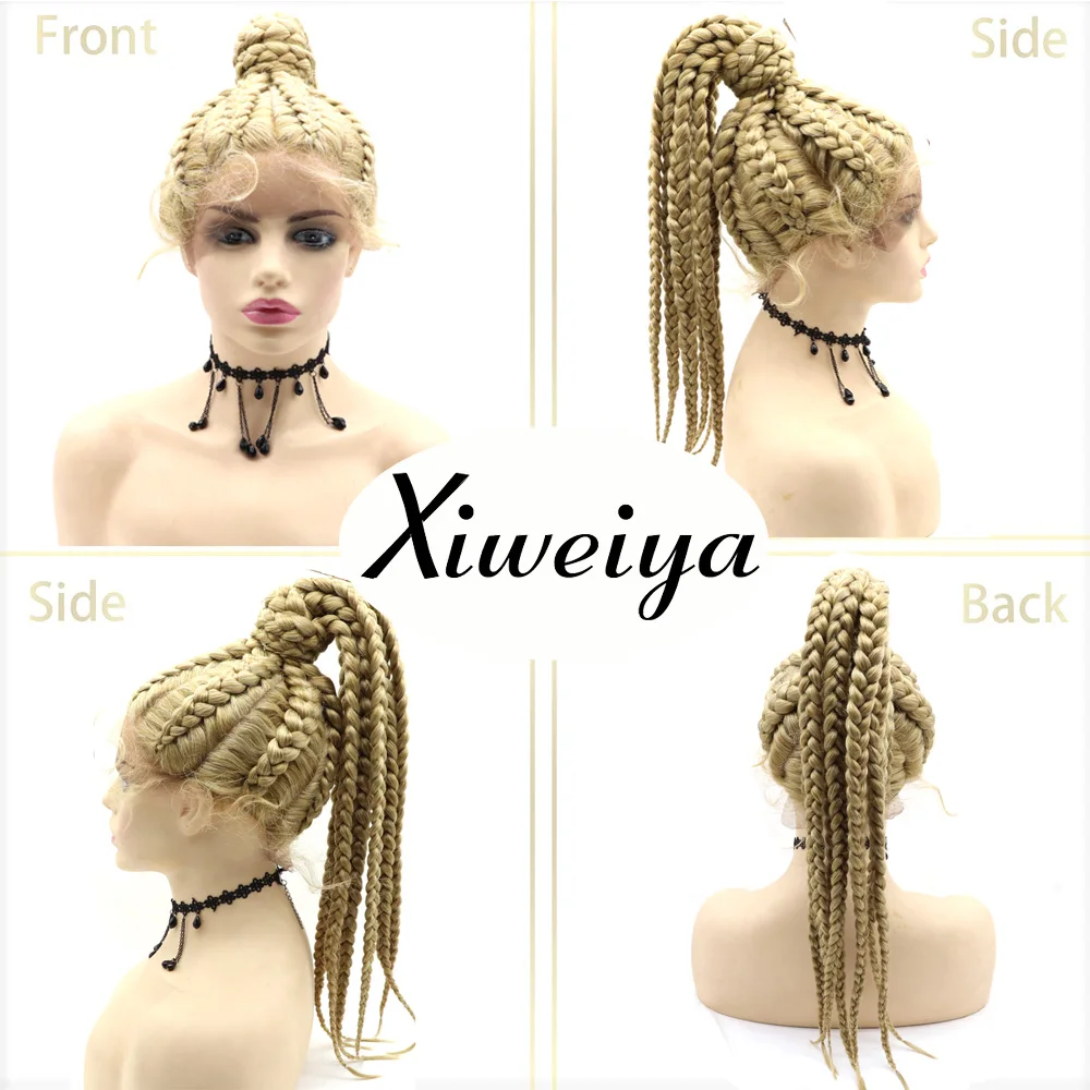 Xiweiya Braided Wig Light Weight Cornrow Blonde Box Updo Bun Braided 360 Full Swiss Lace Front Wig with Baby Hair 100% Add Human