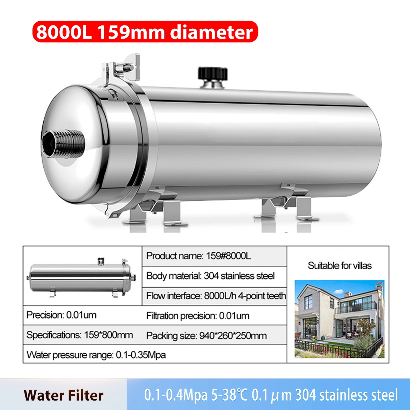 

8000L/H Commercial Water Filter System 304 Stainless Steel PVDF Ultrafiltration Purifier Home Kitchen Drink Straight UF Filters