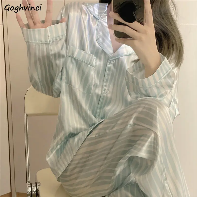 

Pajama Sets Women Striped Spring New Breathable Soft Casual Cozy Simple Elegant Retro Basic Home Korean Style Ins All-match Chic