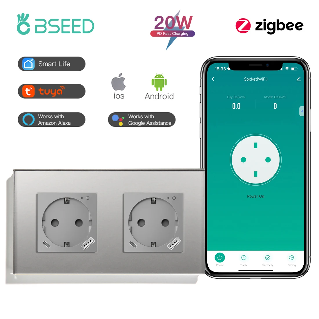 BSEED Zigbee умная розетка 20 Вт USB Type-C