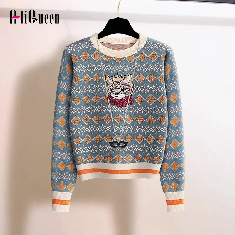 

Fall Winter Women Embroidery Cartoon Cat Cropped Sweater Long Sleeve O-neck Jumper Clothing Vintage Knit Pullovers Crop Tops