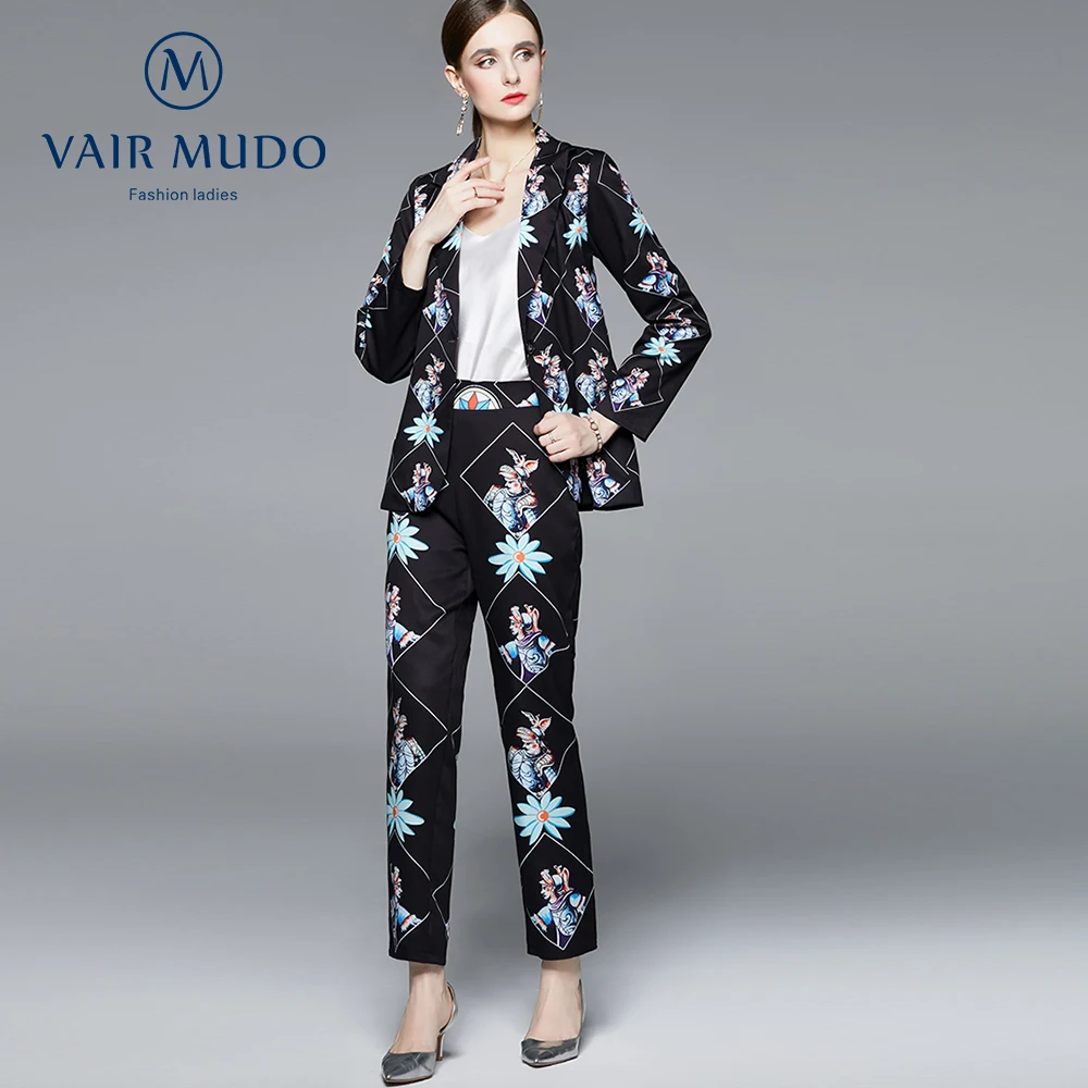 

VAIR MUDO Women's Elegant Professional Spring and Autumn Blazer Suit Plaid Button Ninth Pants Long Sleeve Suit