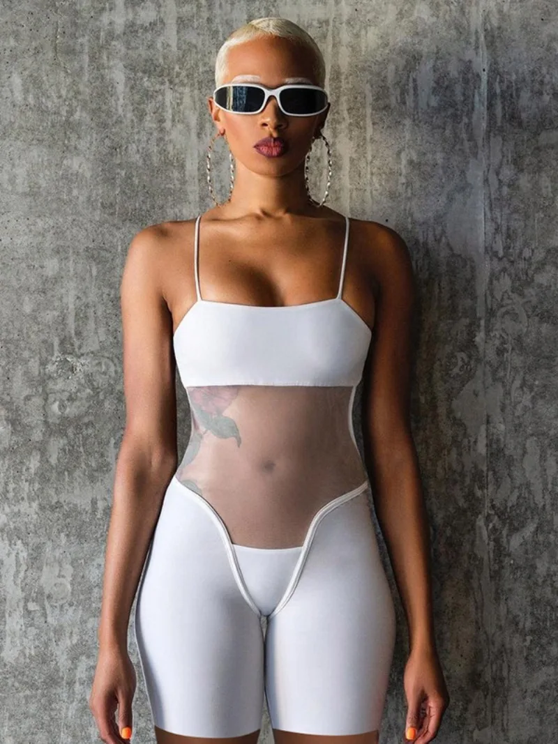 

Woman Clothing Mesh Patchwork White Bodysuit Casual Sexy See-through Skinny Night Club Playsuit Sports Fitness Overalls 2024