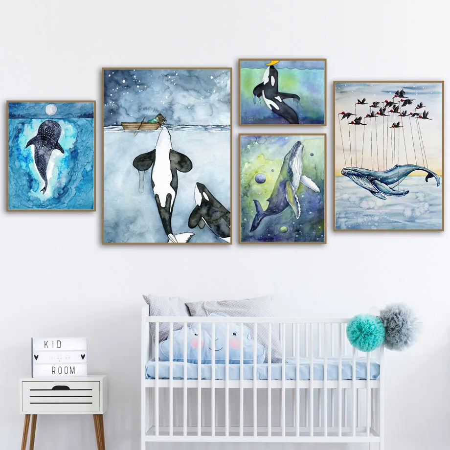 Китовая лодка мультфильм девушка акварель морские животные настенная Картина на