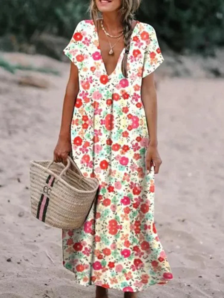 

2022 Summer Female Vintage Floral Printed V-Neck Short Sleeve Dress Elegant Fashion Office Women Loose Dresses Casual Maxi Dress