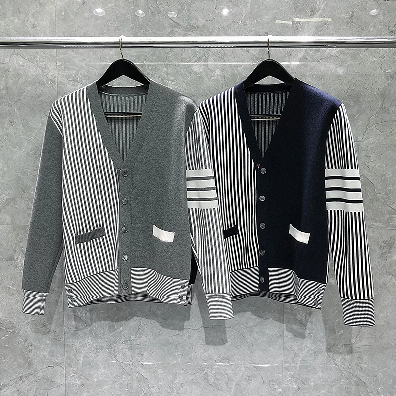 TB THOM Men's Sweaters Harajuku Korean Fashion Brand Coats Vertical Stripes Patchwork Fun-Mix Cardigan Streetwear Casual Sweater