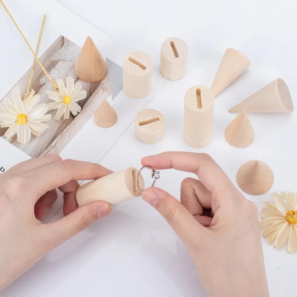 11Pcs Natural Wood Cone Ring Holders Unpainted Wooden Column Jewelry Display Holder for DIY Crafts Supplies Storage Rack