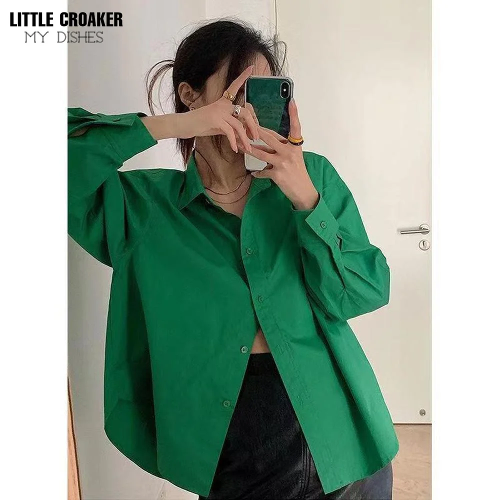 

Basic Green Shirt Oversized for Women 100% Cotton Elegant Beautiful Blouses with Pocket Women's 2022 Spring New Long Sleeve Tops