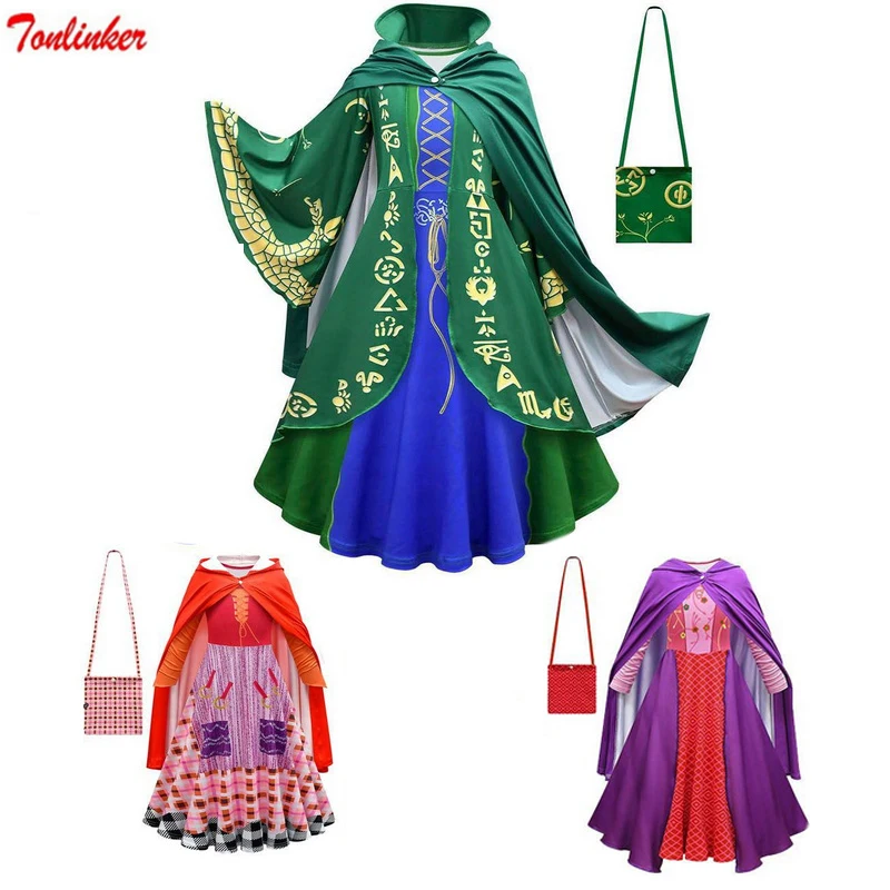 

Halloween Witch Female Ghost Costumes for Girls Kids Winter Dresses Outfit With Cloak Girl Party Mary Sarah Winifred Long Dress