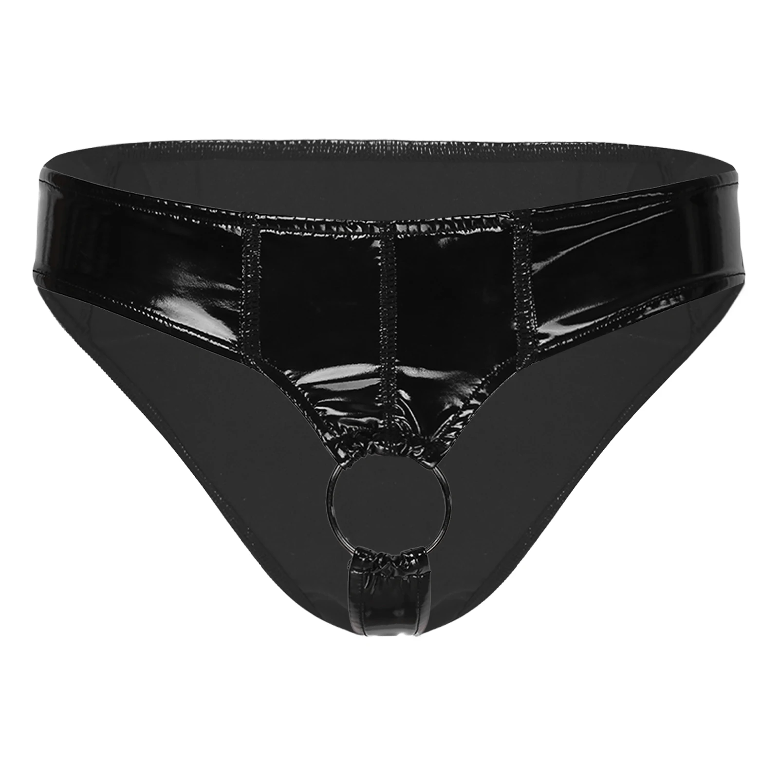 

Man Lingerie Underwear Latex Low Rise Crotchless Panties Wetlook Patent Leather Underpants Mens Sexy Glossy O Ring Thongs Briefs