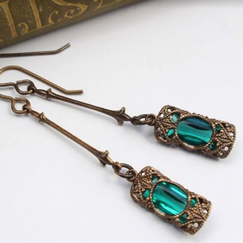 

Vintage Green Blue Zircon Rhinestones Long Dangle Earrings for Women Antique Bronze Color Drop Earring Female Party Jewelry Gift