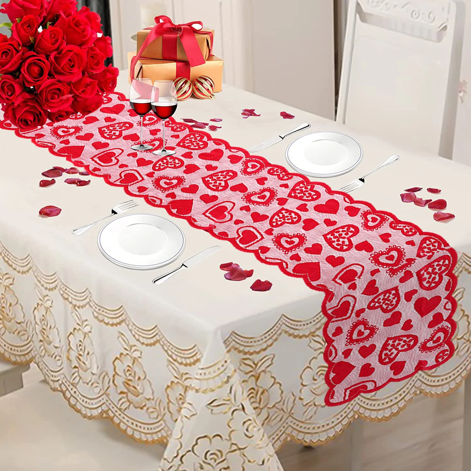 

Valentine's Day Table Runner Placemats Love Red Heart Lace Table Runner for Home Wedding Party Valentines Table Decorations