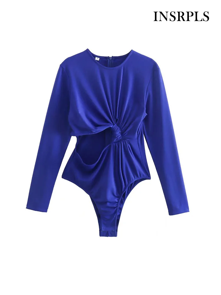 

INSRPLS Women Sexy Fashion With Knot Hollow Out Pleats Bodysuits Vintage Long Sleeve Snap-button Female Playsuits Mujer