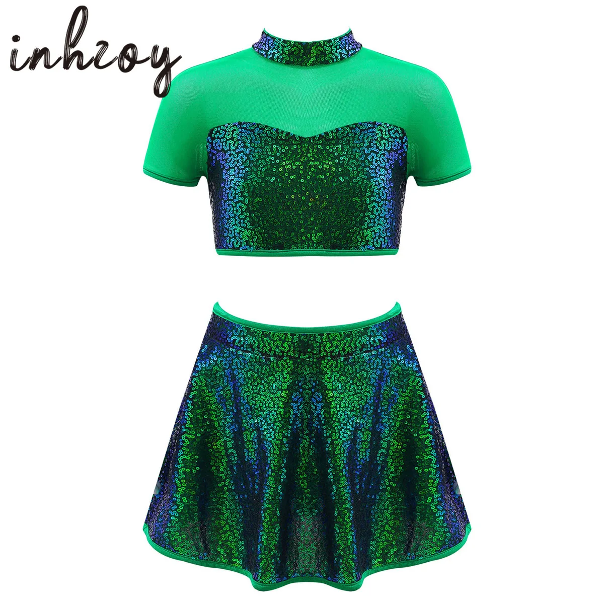 

Little Girls 2Pcs Shiny Sequin Dance Costume Kids Short Sleeve Crop Top with Skirt Set Ballet Hip-hop Jazz Latin Dancewear