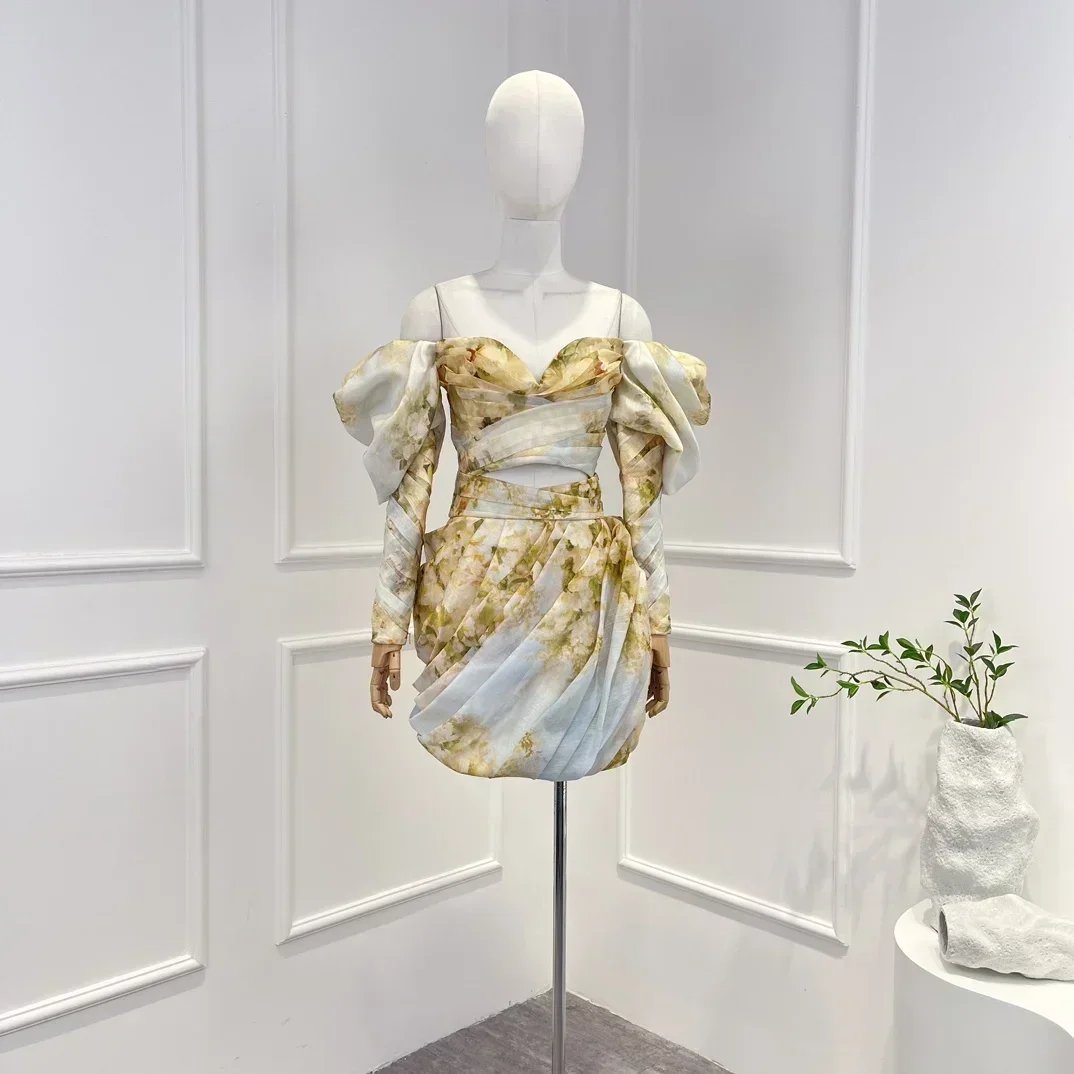 

2023 New Top Quality Silk Linen Vintage Floral Printing Piled Pleat Woman Fashion Top and Skirt for Holiday