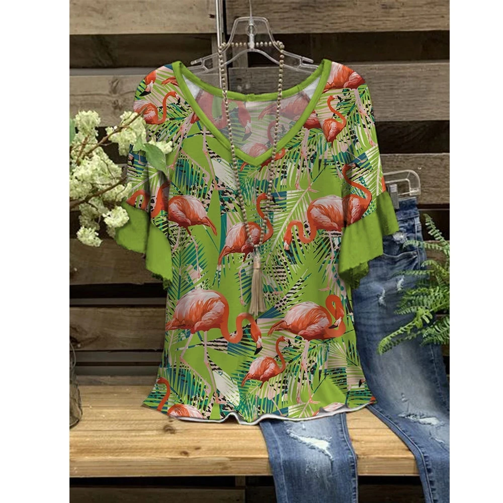 

Women Top 3D T-Shirt Loose Ruffle V-Neck Short Sleeve Casual Underwater World Printing T-Shirt Summer Streetwear