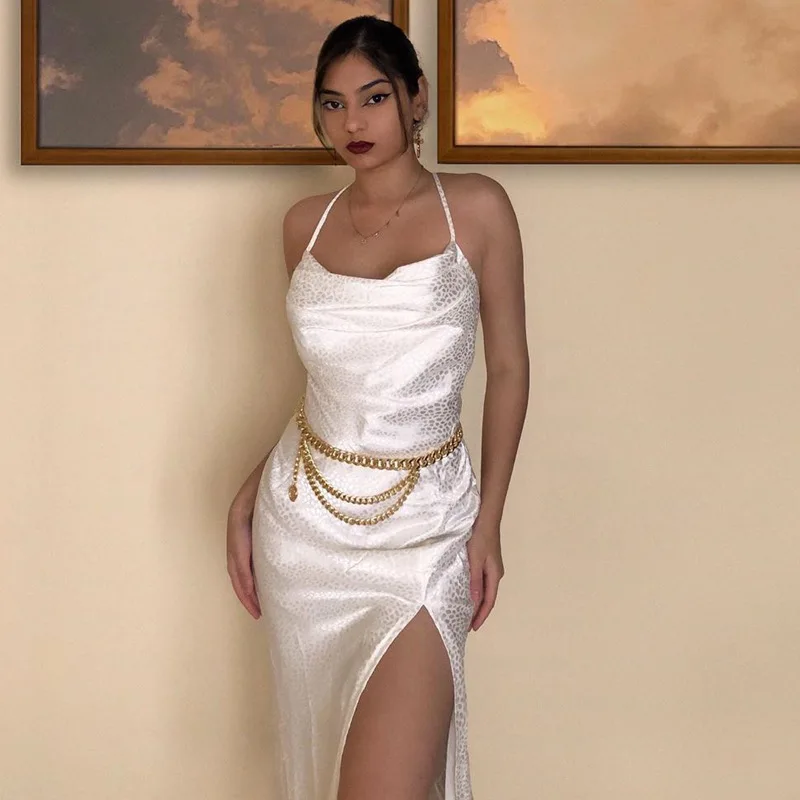 

New Women'S Spring And Summer 2022 Hot Leopard Print Jacquard Cross Strap Halter Dress With Open Cut Back
