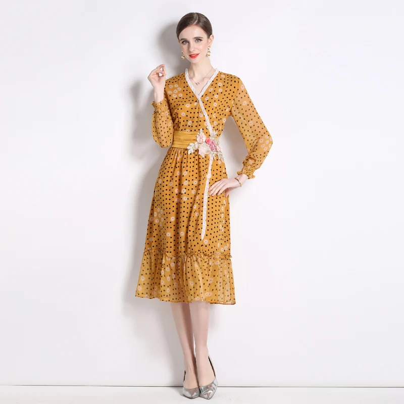 

Женское платье в горошек, элегантное дизайнерское платье до середины икры с длинным рукавом и V-образным вырезом, повседневное праздничное платье-трапеция для отпуска, Новинка лета 2023