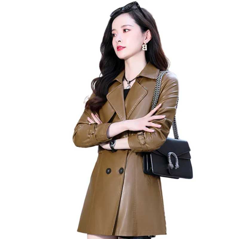 Spring Autumn Mid-Length Jacket Women Windbreaker Fashion Korean Water Washing Pu Leather Coat Femme Casual Loose  Overcoat H173