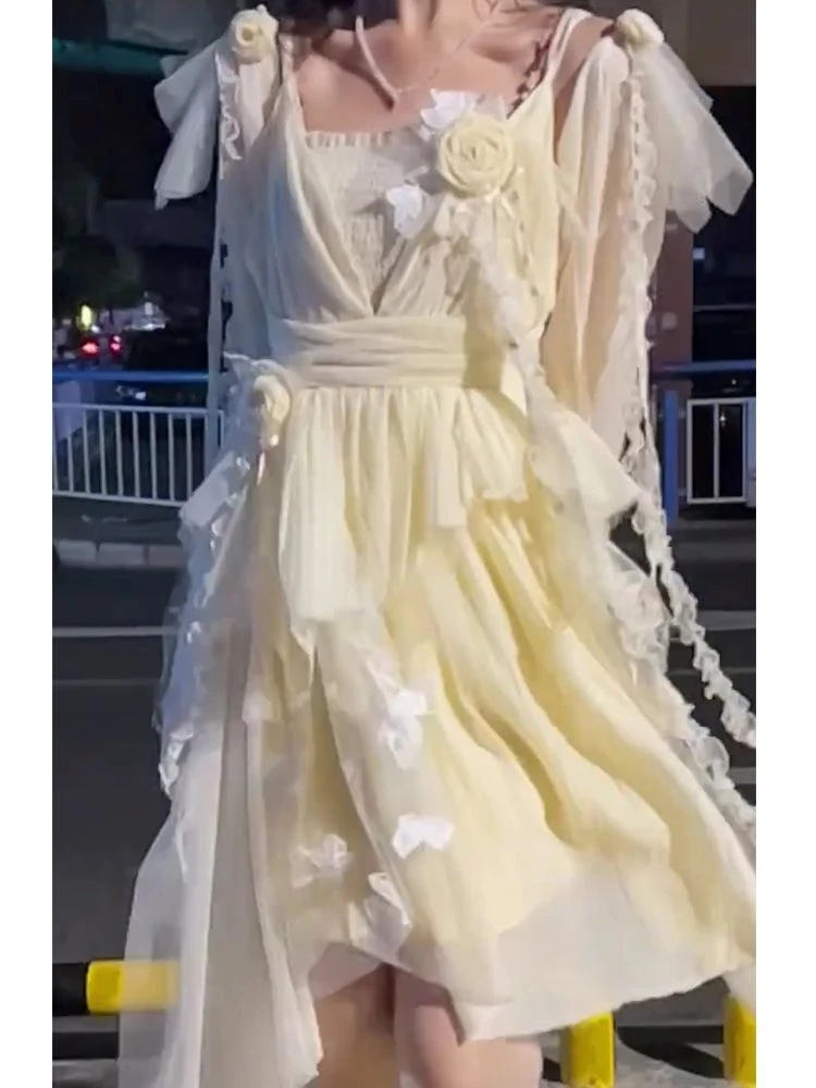 

2023 летнее винтажное платье на бретелях, женское повседневное кружевное платье средней длины, женское элегантное строгое платье, корейский шик