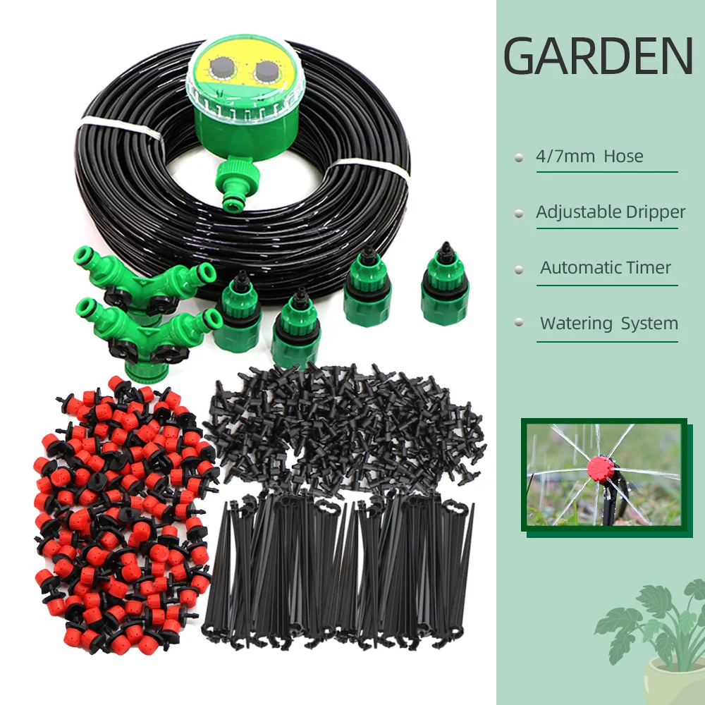 

Садовая система полива, регулируемый распылитель 50 м, с автоавтоматическим таймером, шланг 1/4 дюйма, комплект для капельного орошения, сприн...