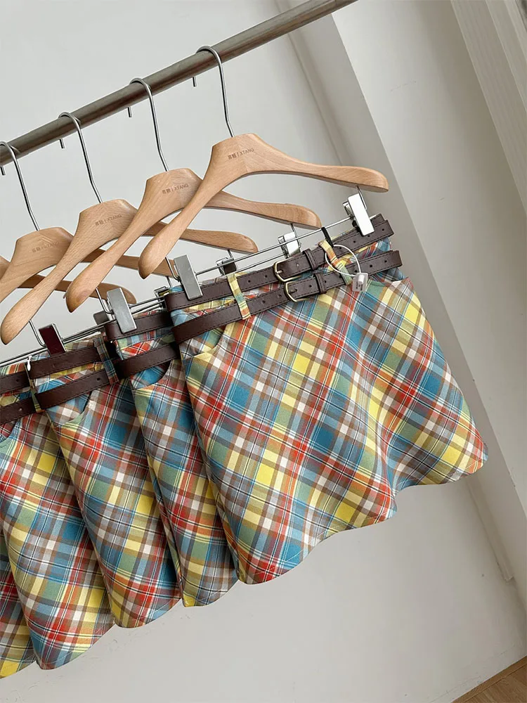 Harajuku Kpop клетчатая юбка Gyaru Клубная одежда Радужная трапециевидная с высокой