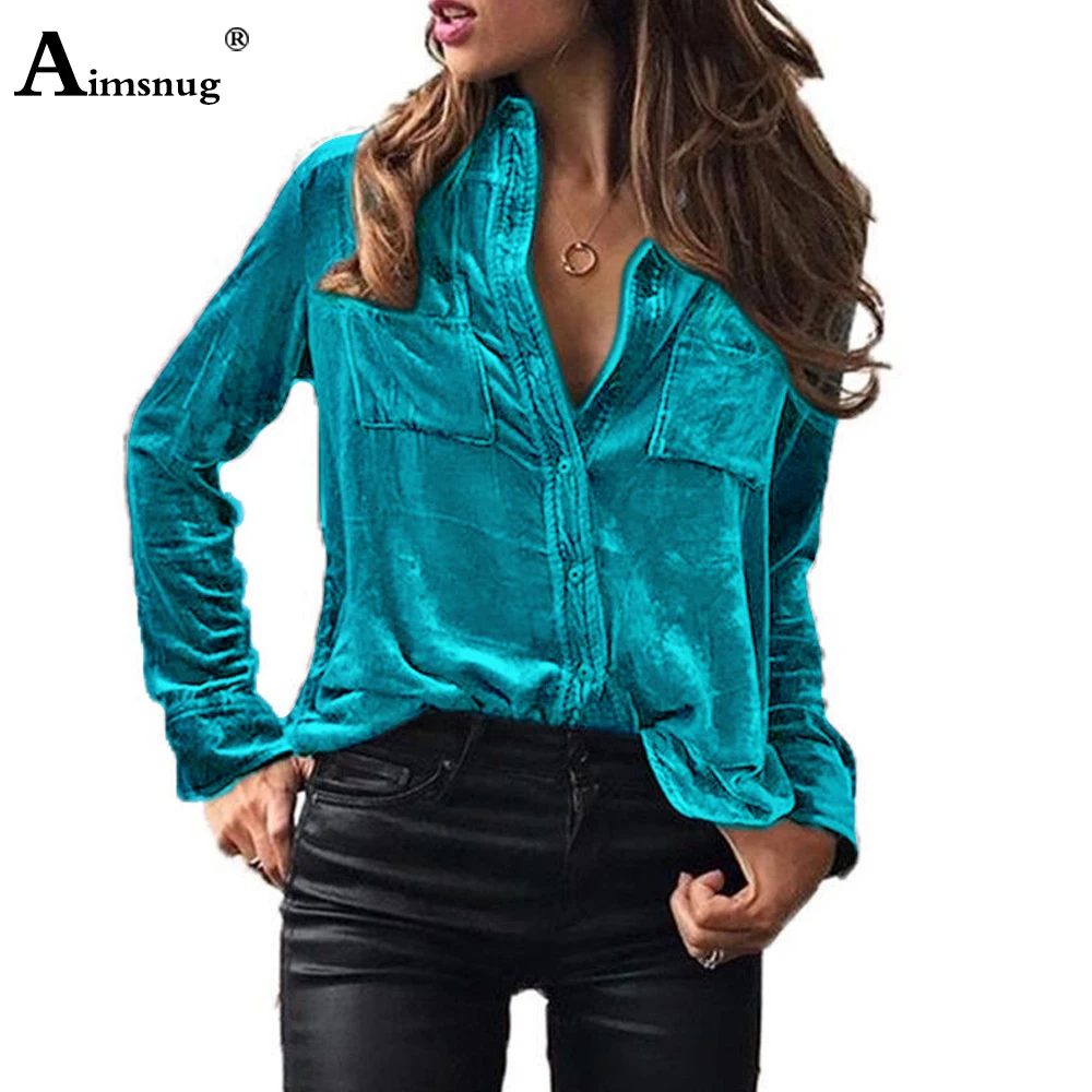 

Latest Autumn Casual Shirt Women Long Sleeves Velvet Blouse Stand Pocket Top Oversize Ladies Tunic blusas Femmes Clothing 2023