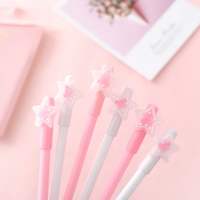 

2pcs Cute Girl Pink White Pentagram Gel Pen Black Ink 0.5mm Signing Pen Student Stationery Gift Papelaria Escolar