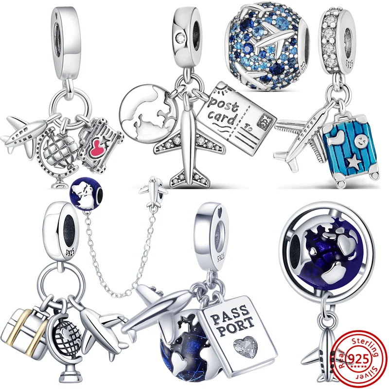 925 Silver Airplane Globe Earth Suitcase Travel Post Card Sky Blue Beads Fit Original Brand Charms Bracelet DIY Making Jewelry