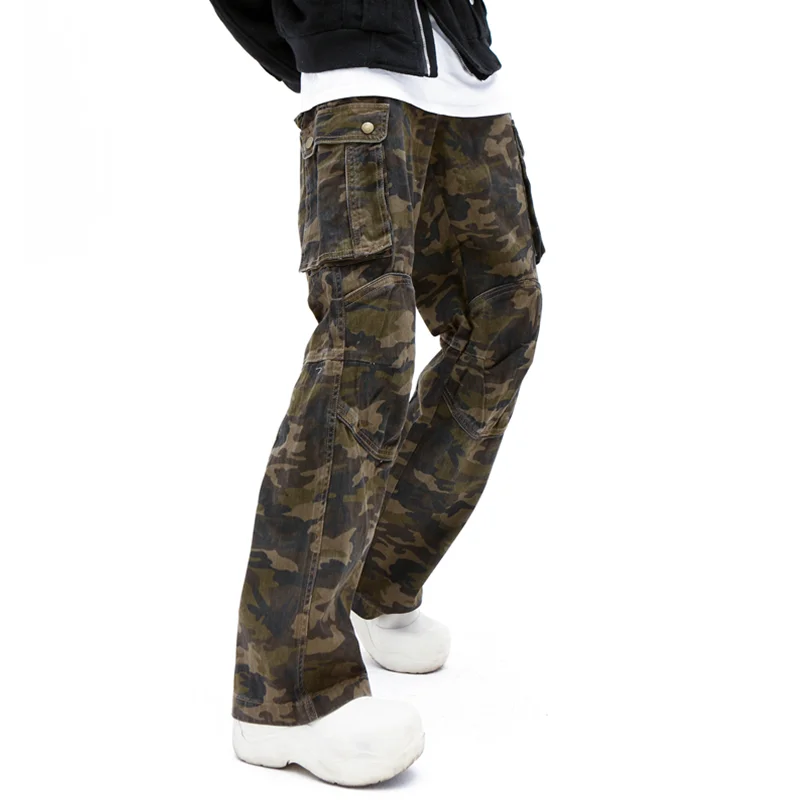 Streetwear Men Vintage Hip Hop Baggy Camouflage Cargo Pants Versatile Temperament Straight Cylinder Jeans 2022 Winter New Female
