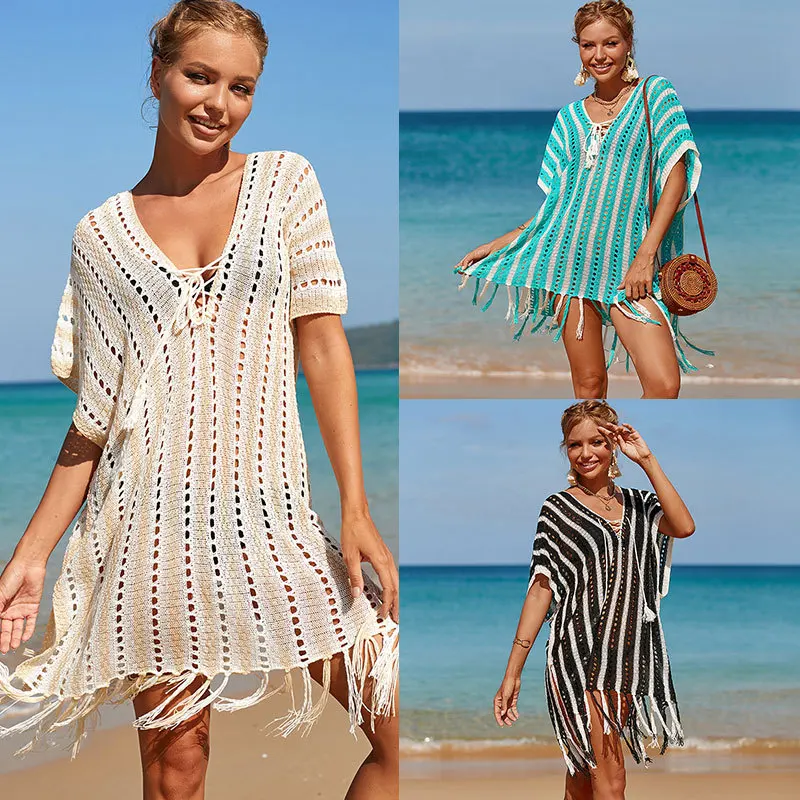 

NEW Knitted Beach Cover Up for Women White Beach Tunic Sexy Fringe Summer Sundress Holiday Casual Bikini Pareo Tassel