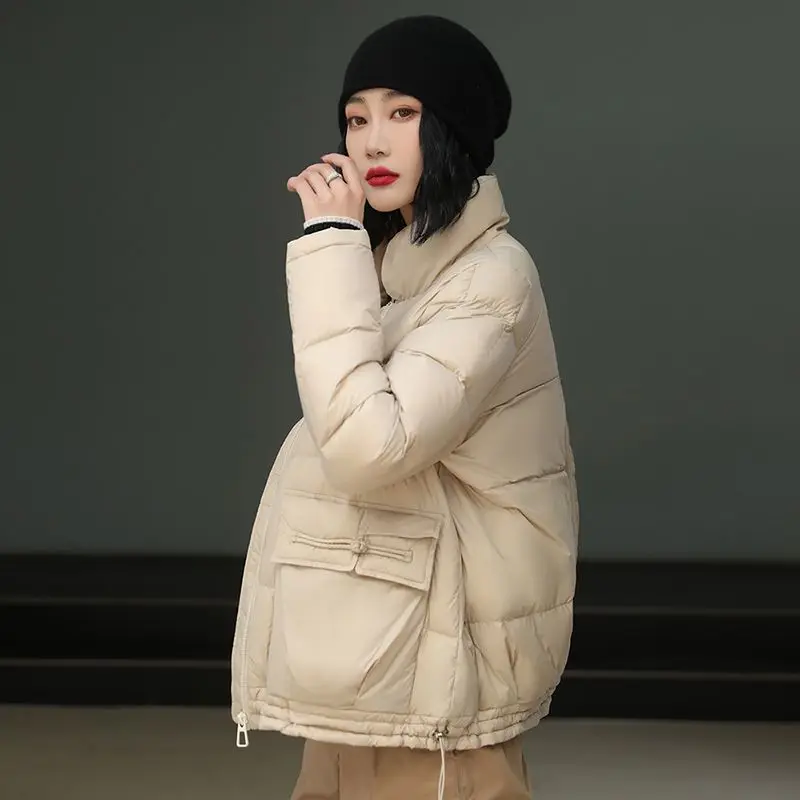 Women White Duck Down Jacket Stand Collar Autumn Winter Warm Outwear Casual Loose Thick Coat 2023 New Down Clothes Ladies M33