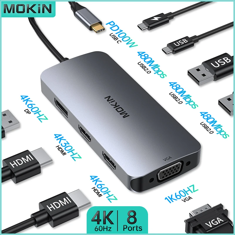 

Док-станция MOKiN 8 в 1 для MacBook Air/Pro, iPad, ноутбука Thunderbolt — USB2.0, Type-C 3.0, HDMI 4K30 Гц, DP 4K60 Гц, PD 100 Вт
