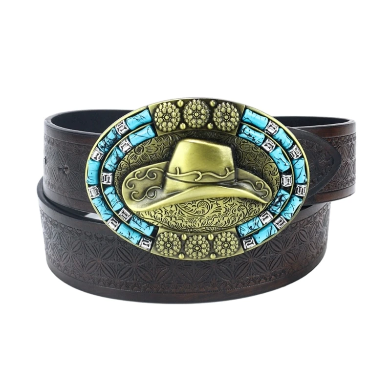 Multi-size Adult Waist Belt with Relief Cowboy Hat Buckle Adjustable Waist Belt for Men PU-Leather Wear-Resistant Belt